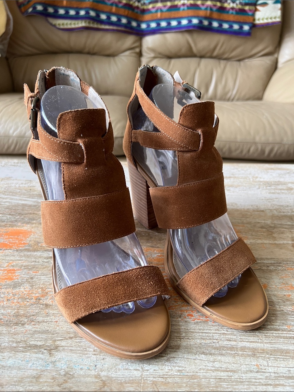Hinge Brown Suede Strappy Block Heel Sandals
